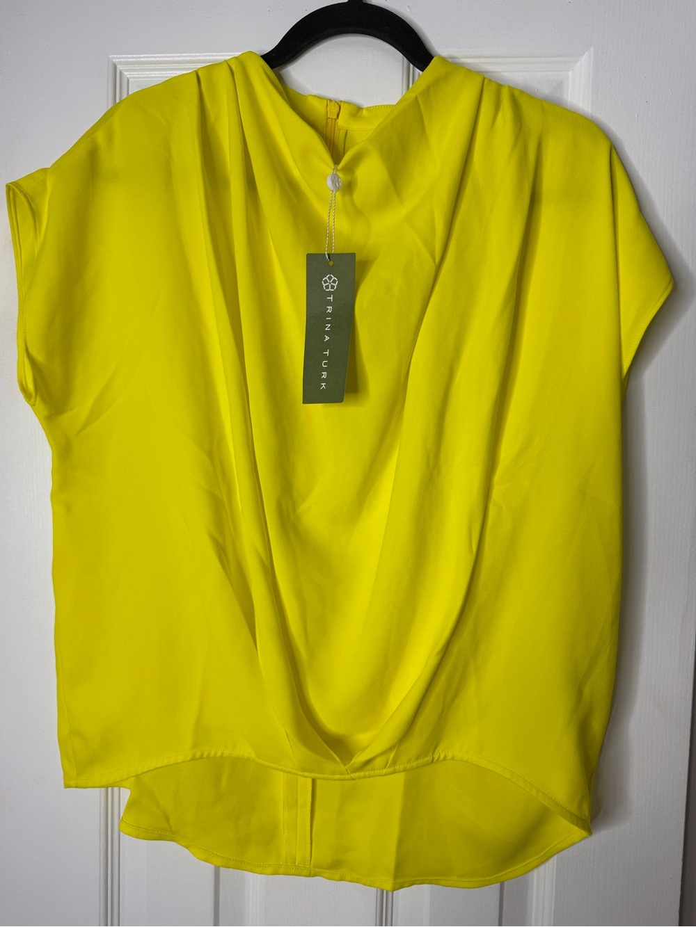 Trina Turk Neon Yellow Draped Cowl-Front Blouse